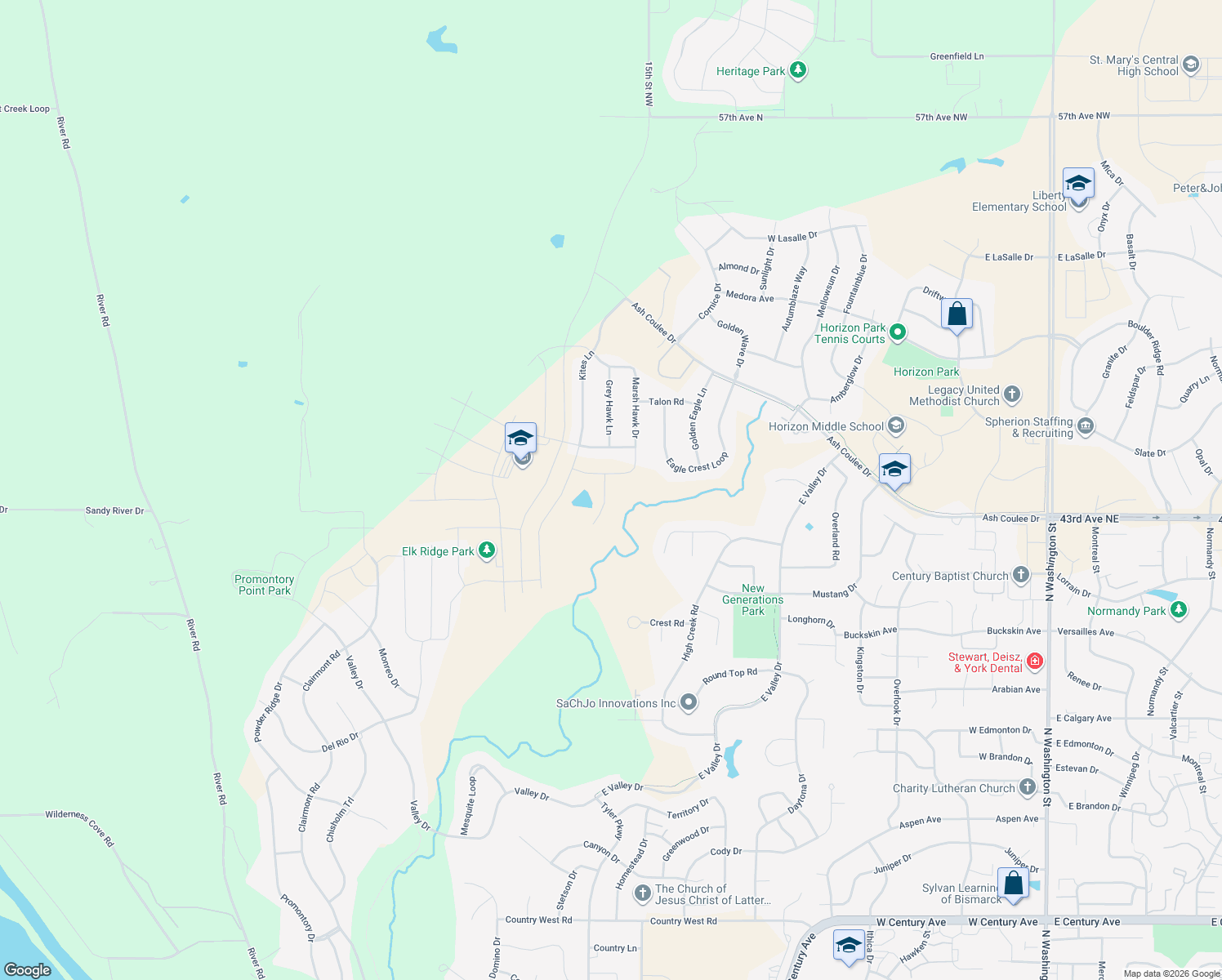 map of restaurants, bars, coffee shops, grocery stores, and more near 1603 Prairie Hawk Drive in Bismarck