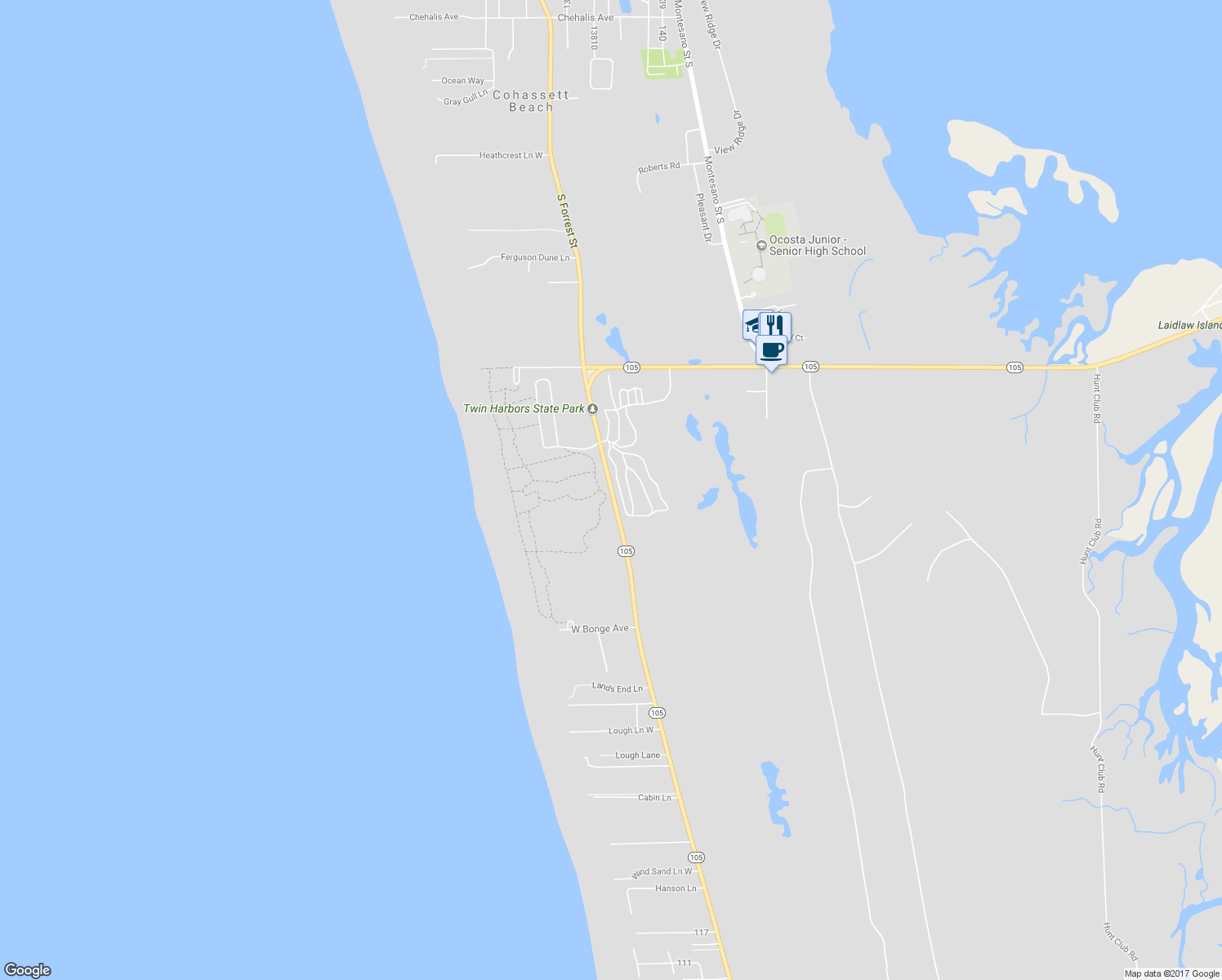 map of restaurants, bars, coffee shops, grocery stores, and more near 2126 Washington 105 in Grayland