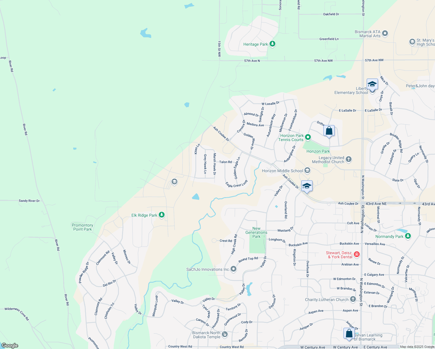 map of restaurants, bars, coffee shops, grocery stores, and more near 1438 Eagle Crest Loop in Bismarck