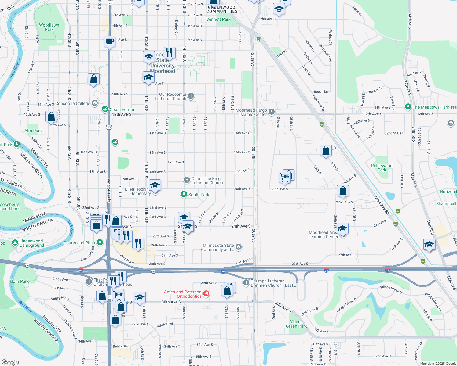 map of restaurants, bars, coffee shops, grocery stores, and more near 1906 18th Street South in Moorhead