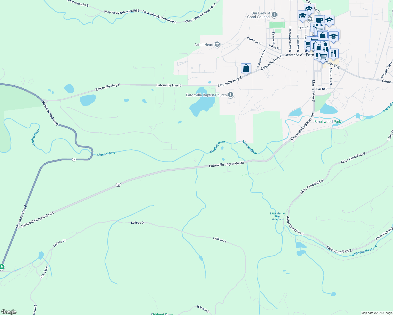 map of restaurants, bars, coffee shops, grocery stores, and more near 44026 Washington 161 in Eatonville