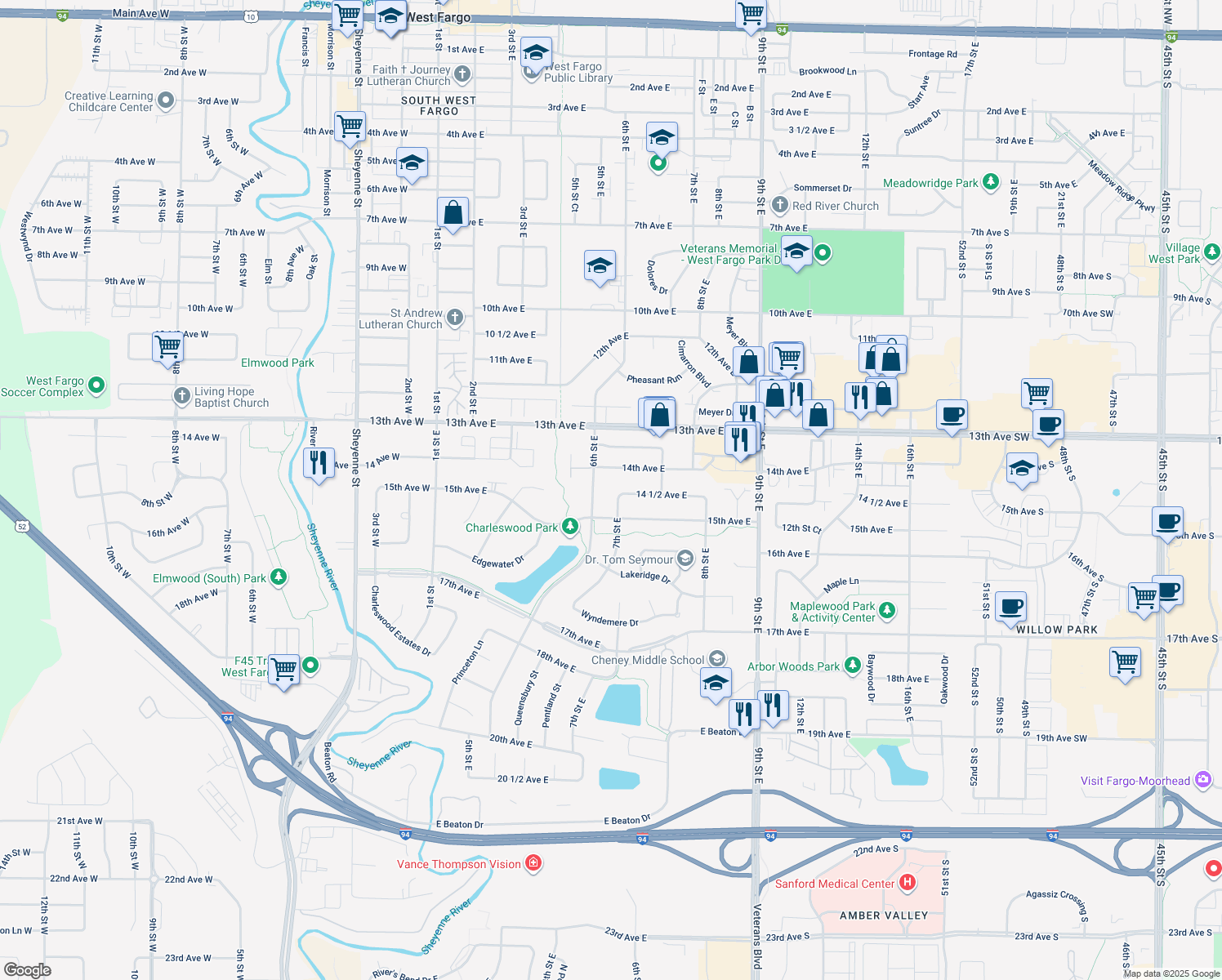 map of restaurants, bars, coffee shops, grocery stores, and more near 1454 7th St E in West Fargo