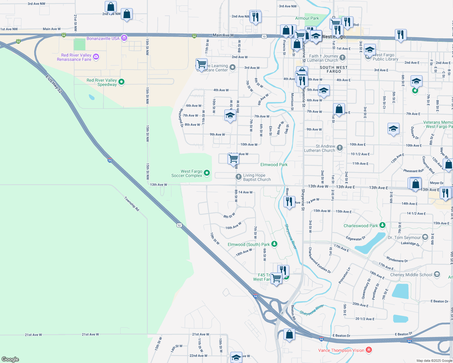 map of restaurants, bars, coffee shops, grocery stores, and more near 835 12 1/2 Ave W in West Fargo