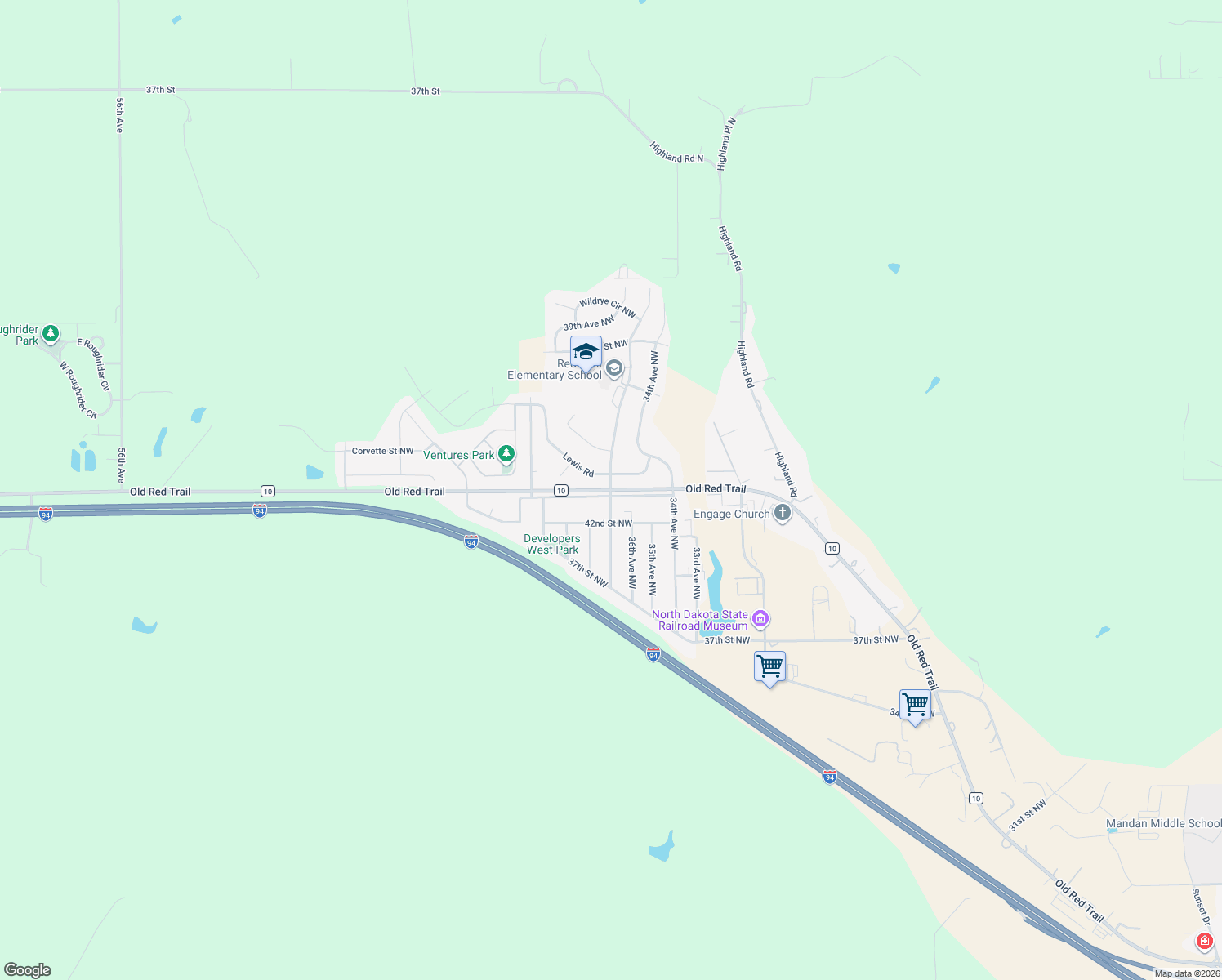 map of restaurants, bars, coffee shops, grocery stores, and more near Township Road 10 in Mandan
