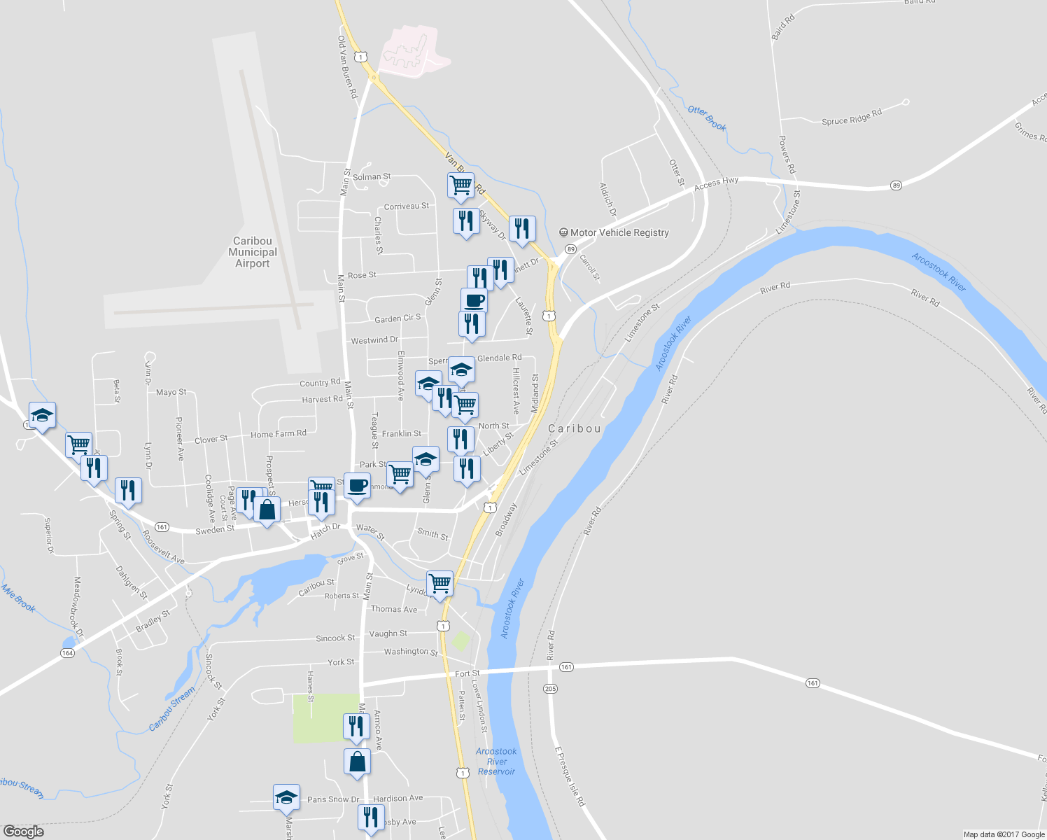 map of restaurants, bars, coffee shops, grocery stores, and more near 36 North Street in Caribou