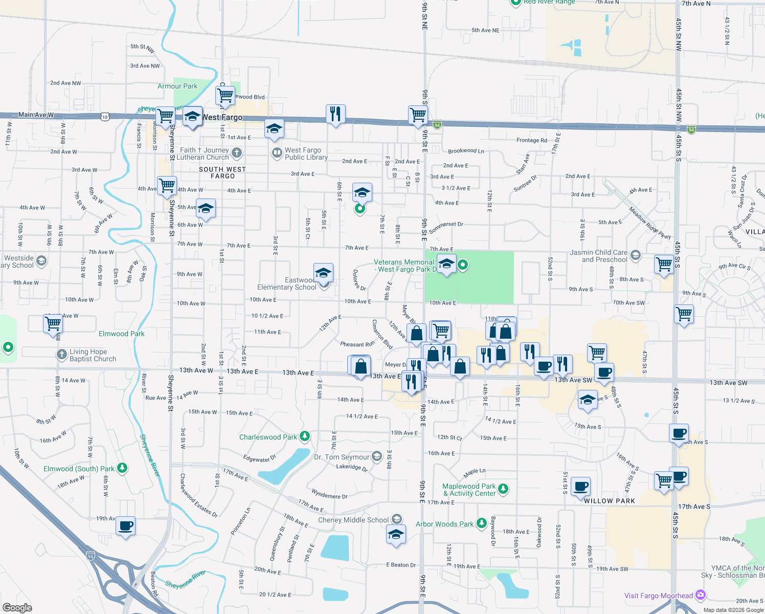 map of restaurants, bars, coffee shops, grocery stores, and more near 719 10th Ave E in West Fargo