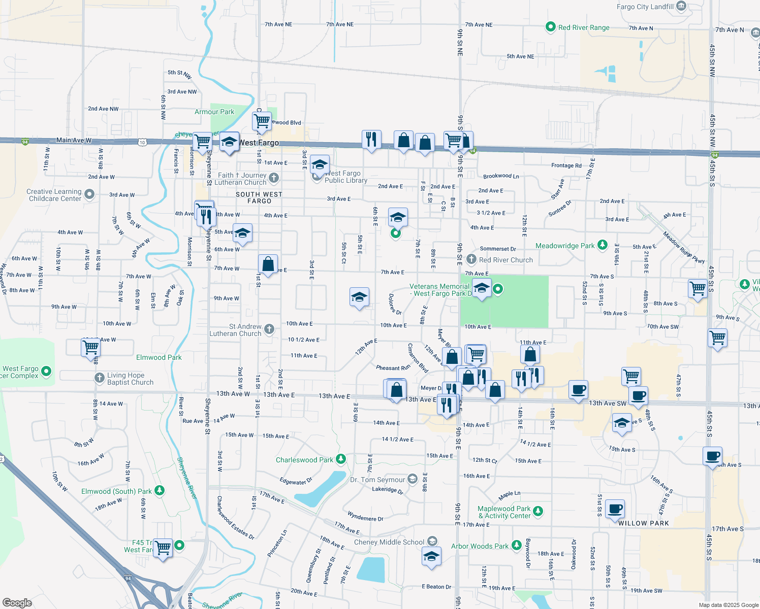 map of restaurants, bars, coffee shops, grocery stores, and more near 907 6th Street East in West Fargo