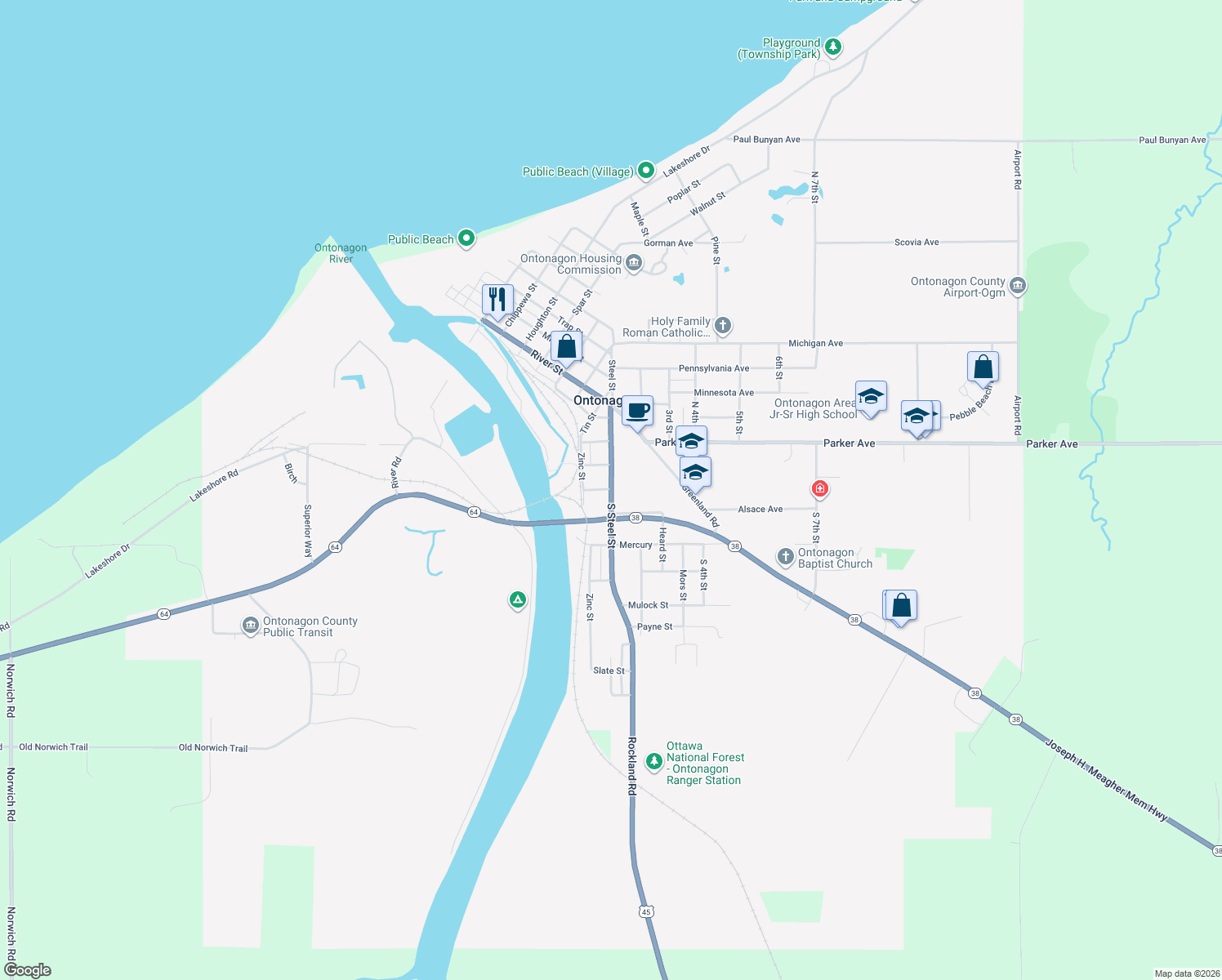 map of restaurants, bars, coffee shops, grocery stores, and more near 208 Gold St in Ontonagon