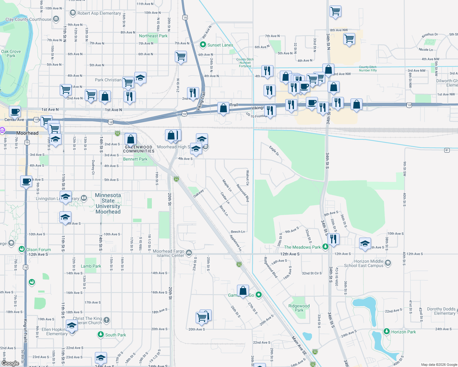 map of restaurants, bars, coffee shops, grocery stores, and more near 518 Maple Lane in Moorhead