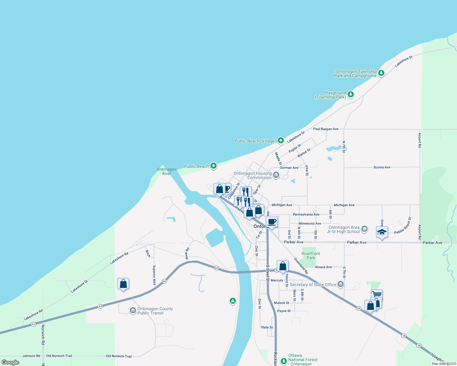 map of restaurants, bars, coffee shops, grocery stores, and more near 798 Trap St in Ontonagon