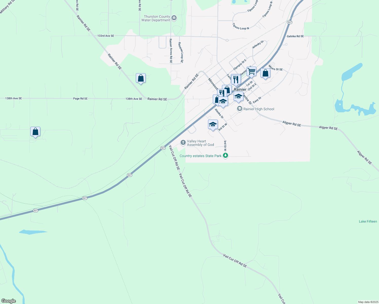 map of restaurants, bars, coffee shops, grocery stores, and more near 224 Country Estates Dr W in Rainier