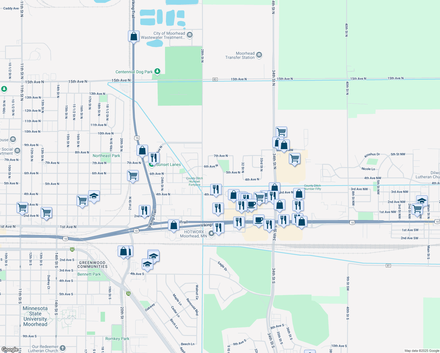 map of restaurants, bars, coffee shops, grocery stores, and more near 503 30th St N in Moorhead