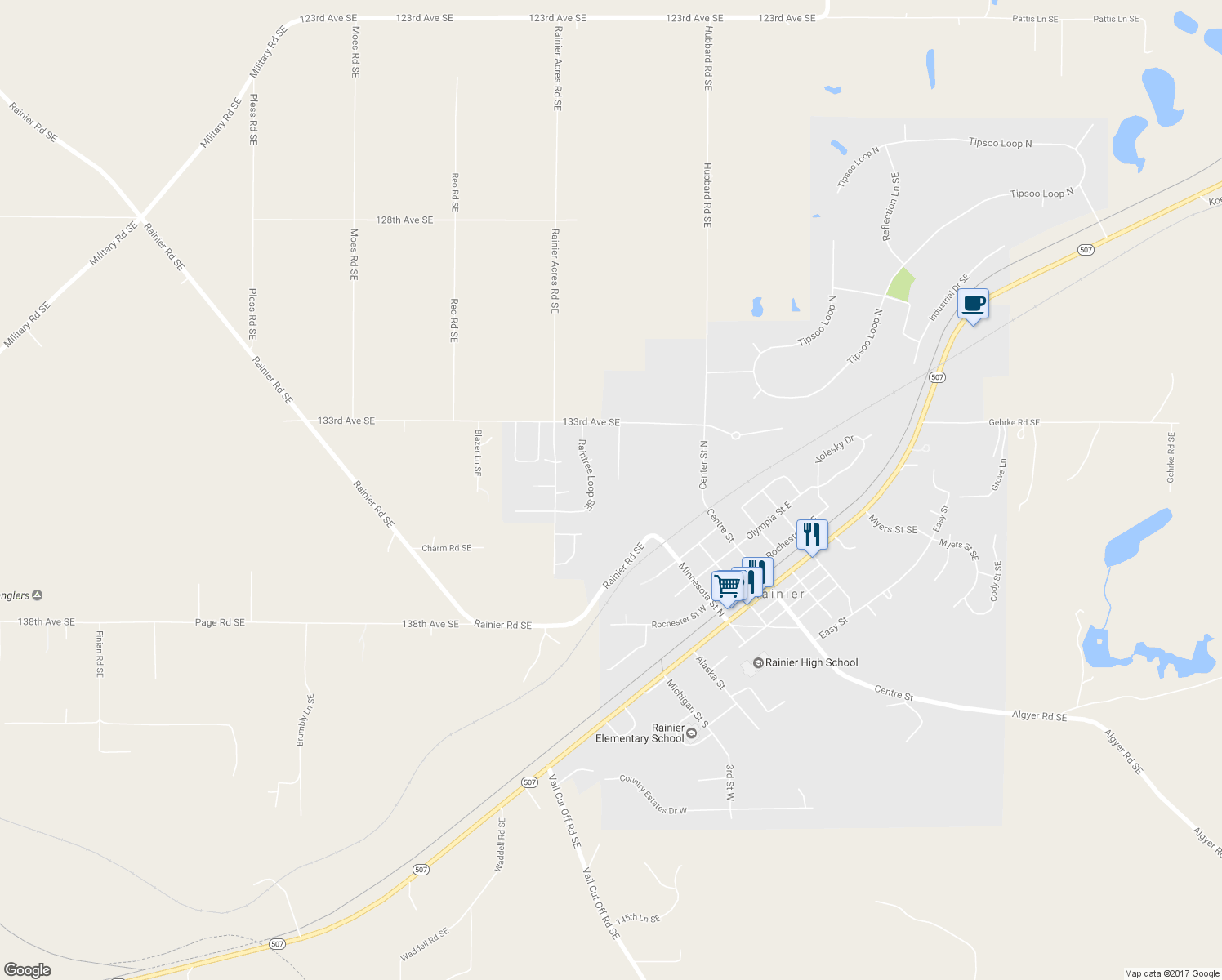 map of restaurants, bars, coffee shops, grocery stores, and more near 117 Rainier Estates Court Southeast in Rainier