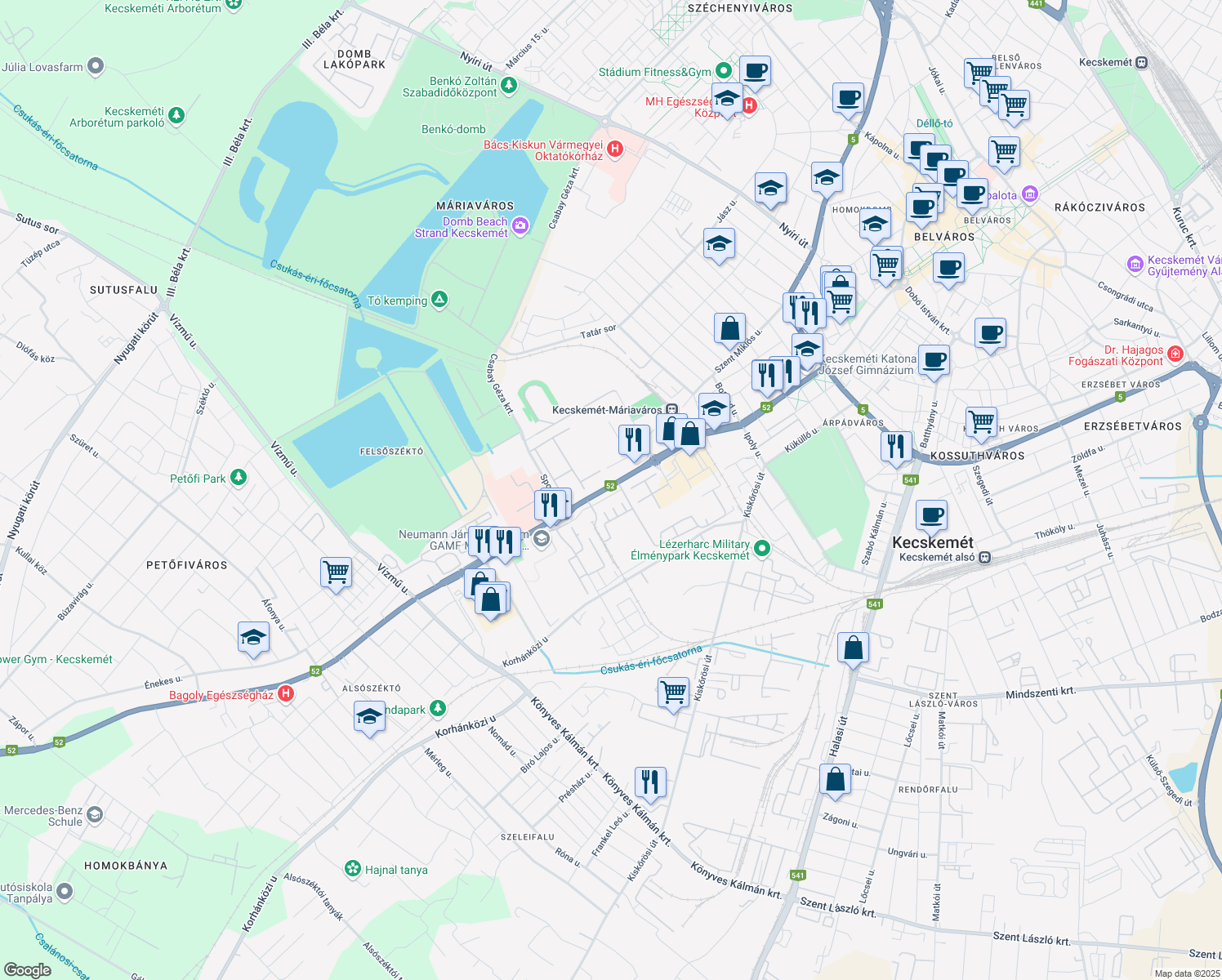 map of restaurants, bars, coffee shops, grocery stores, and more near 6 Izsáki út in Kecskemét