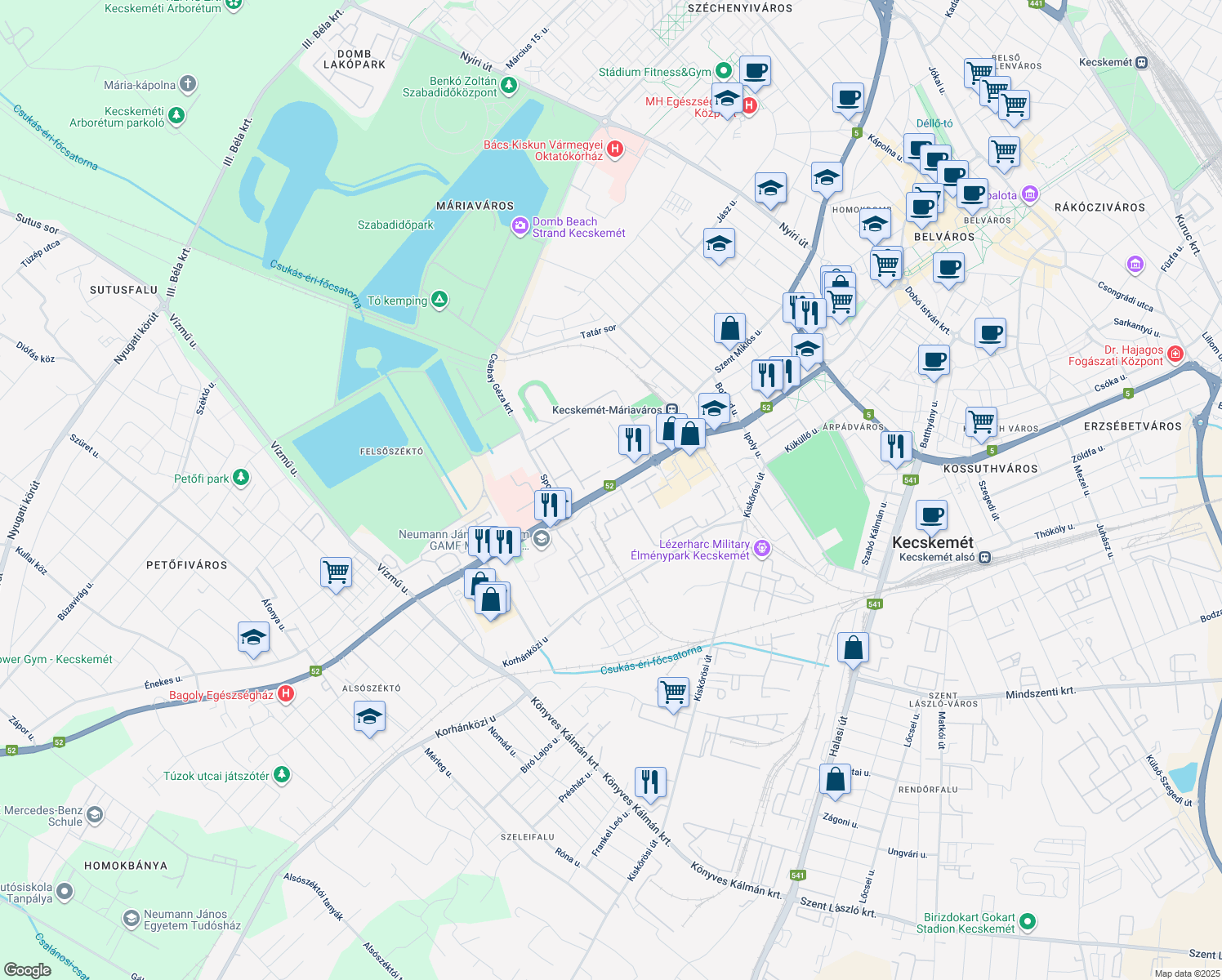 map of restaurants, bars, coffee shops, grocery stores, and more near 6 Izsáki út in Kecskemét