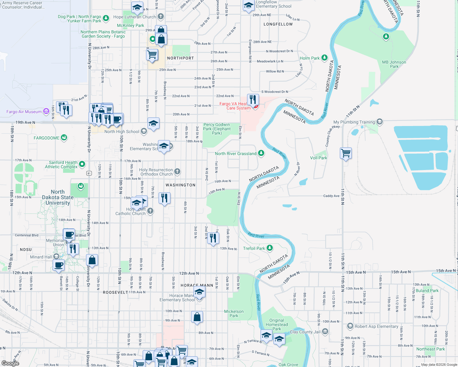 map of restaurants, bars, coffee shops, grocery stores, and more near 64 16th Ave N in Fargo