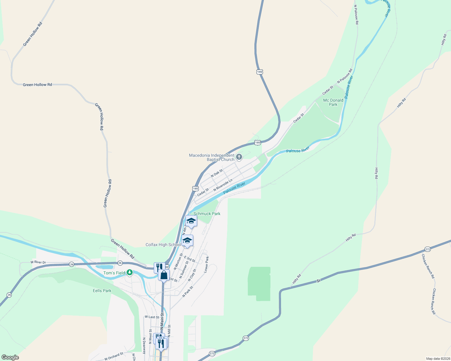 map of restaurants, bars, coffee shops, grocery stores, and more near 1714 Cedar Street in Colfax