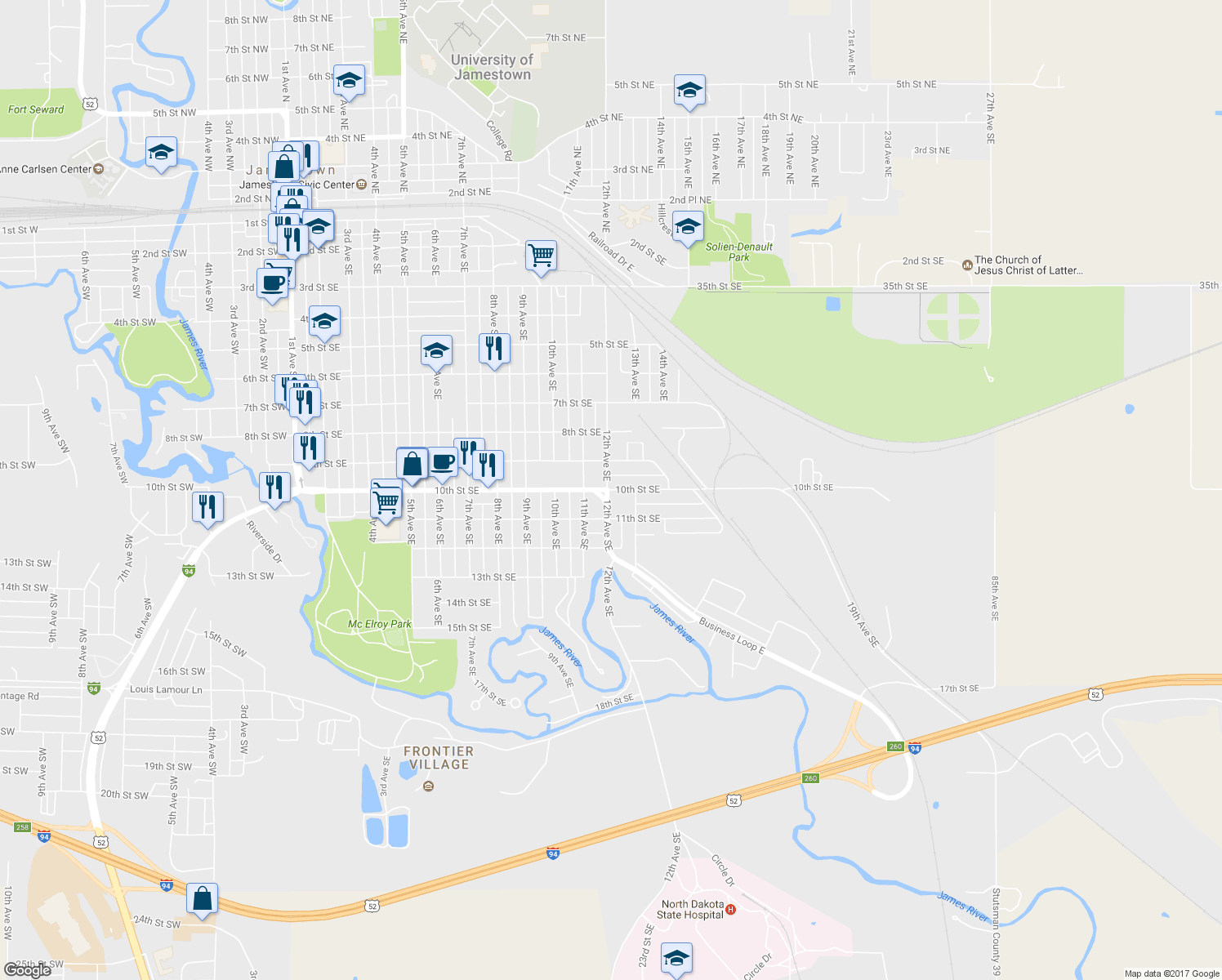 map of restaurants, bars, coffee shops, grocery stores, and more near 1214 10th Street Southeast in Jamestown