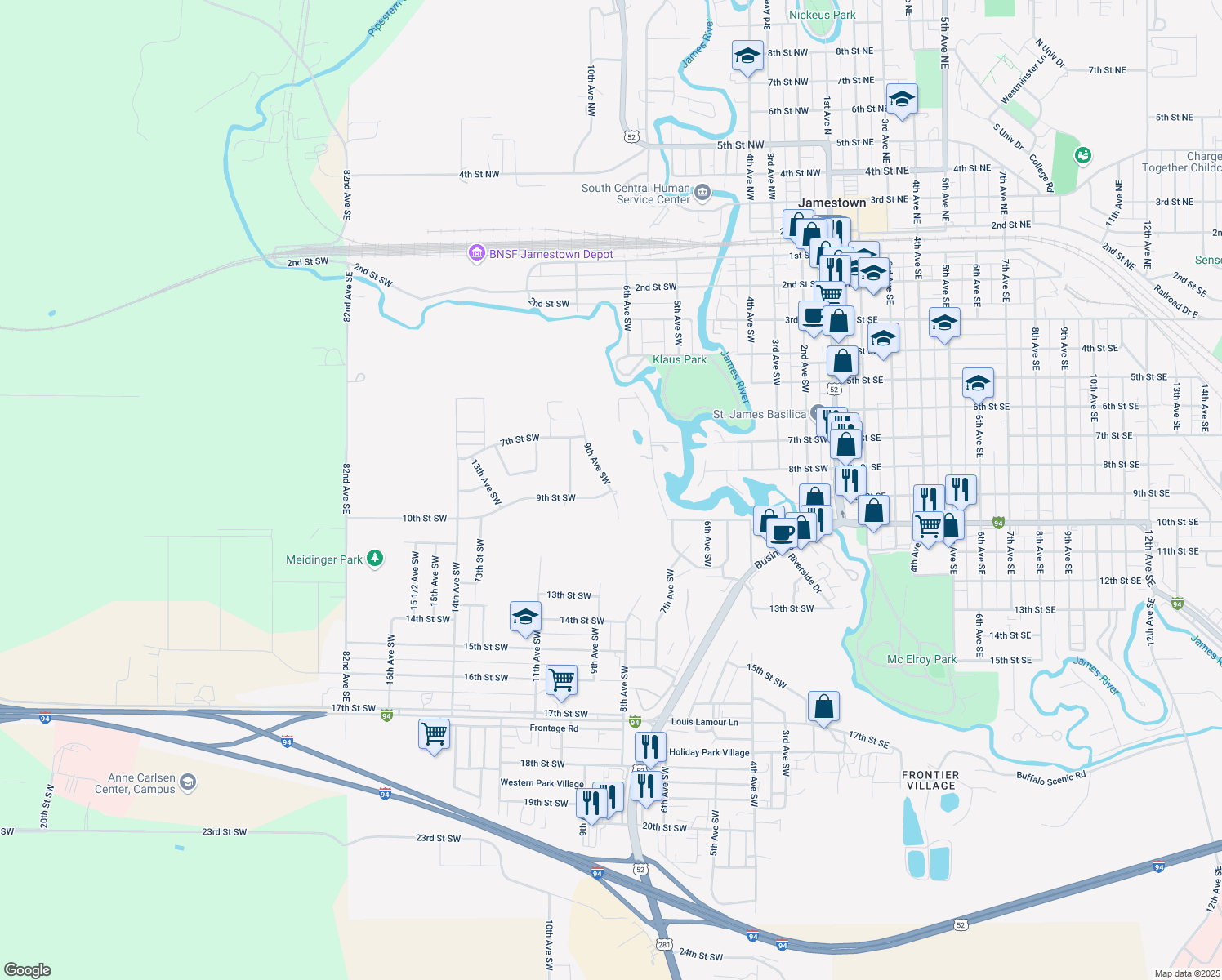 map of restaurants, bars, coffee shops, grocery stores, and more near 898 9th Ave SW in Jamestown