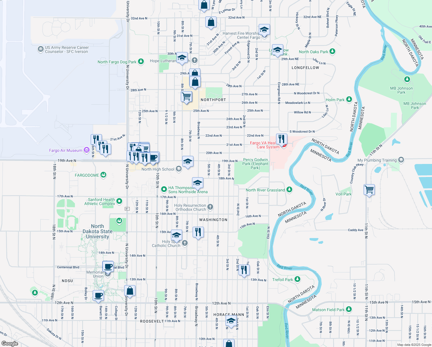 map of restaurants, bars, coffee shops, grocery stores, and more near 1810 4th St N in Fargo