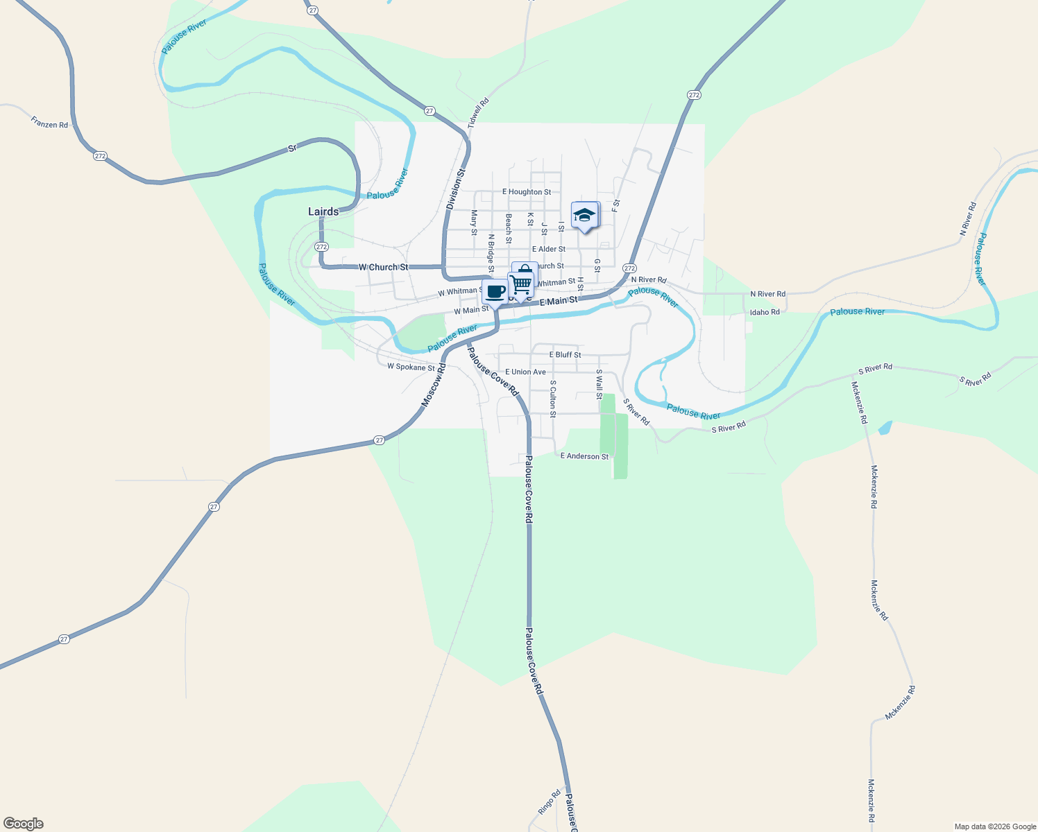 map of restaurants, bars, coffee shops, grocery stores, and more near West Park Street in Palouse