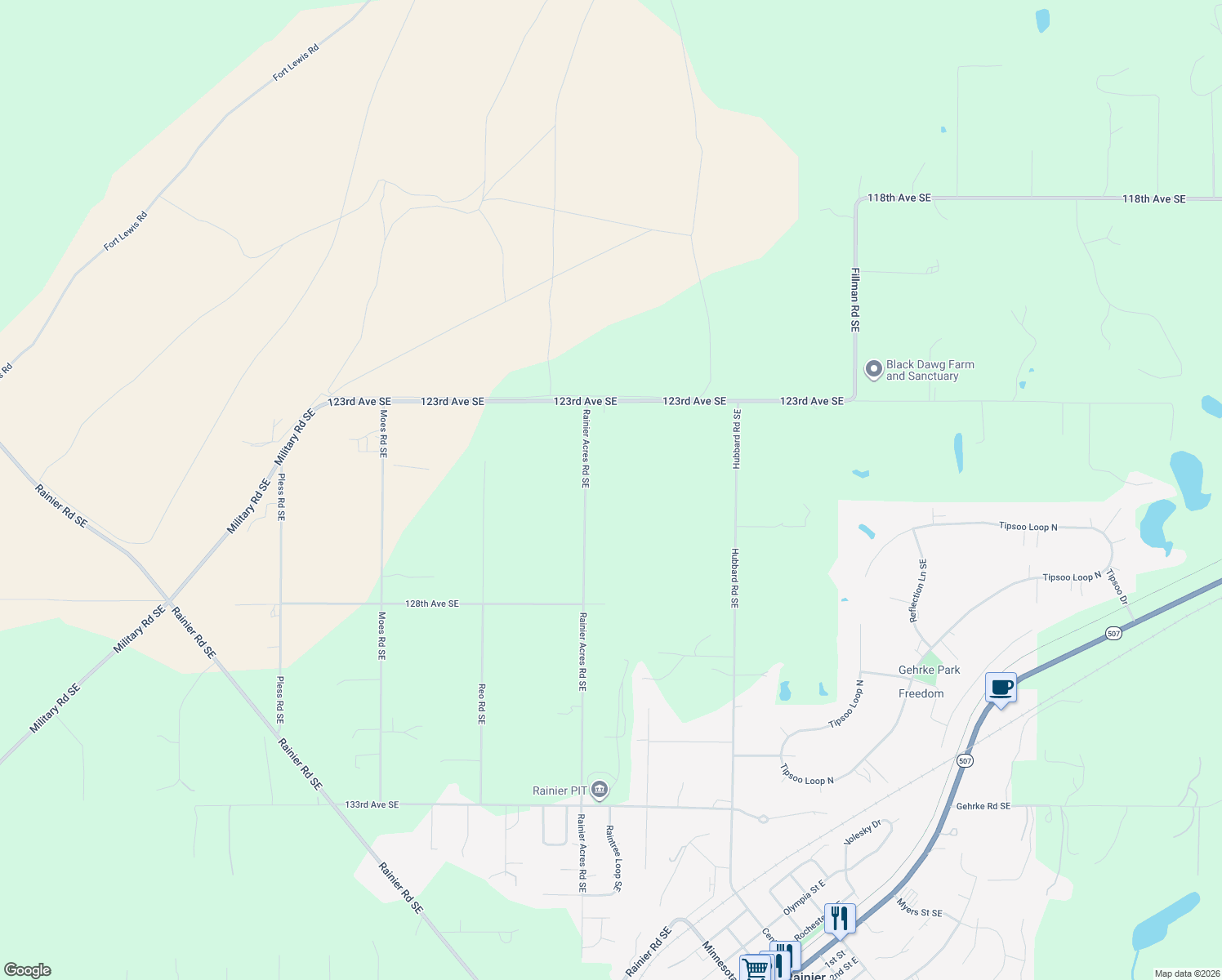 map of restaurants, bars, coffee shops, grocery stores, and more near 12510 Rainier Acres Road Southeast in Rainier