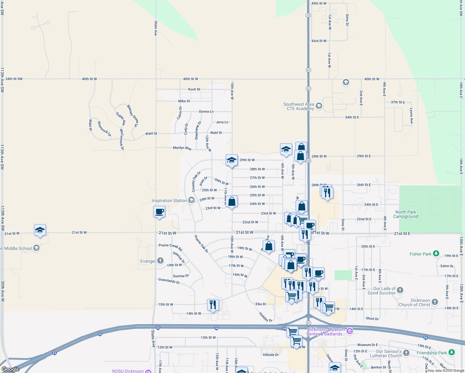 map of restaurants, bars, coffee shops, grocery stores, and more near 998 26th Street West in Dickinson
