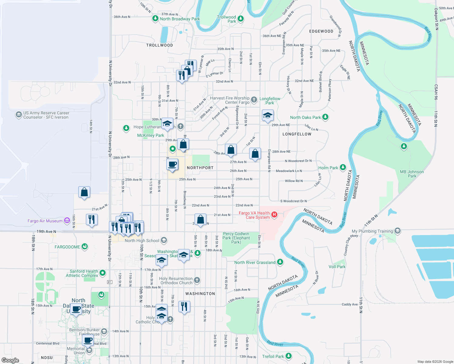 map of restaurants, bars, coffee shops, grocery stores, and more near 210 25th Ave N in Fargo