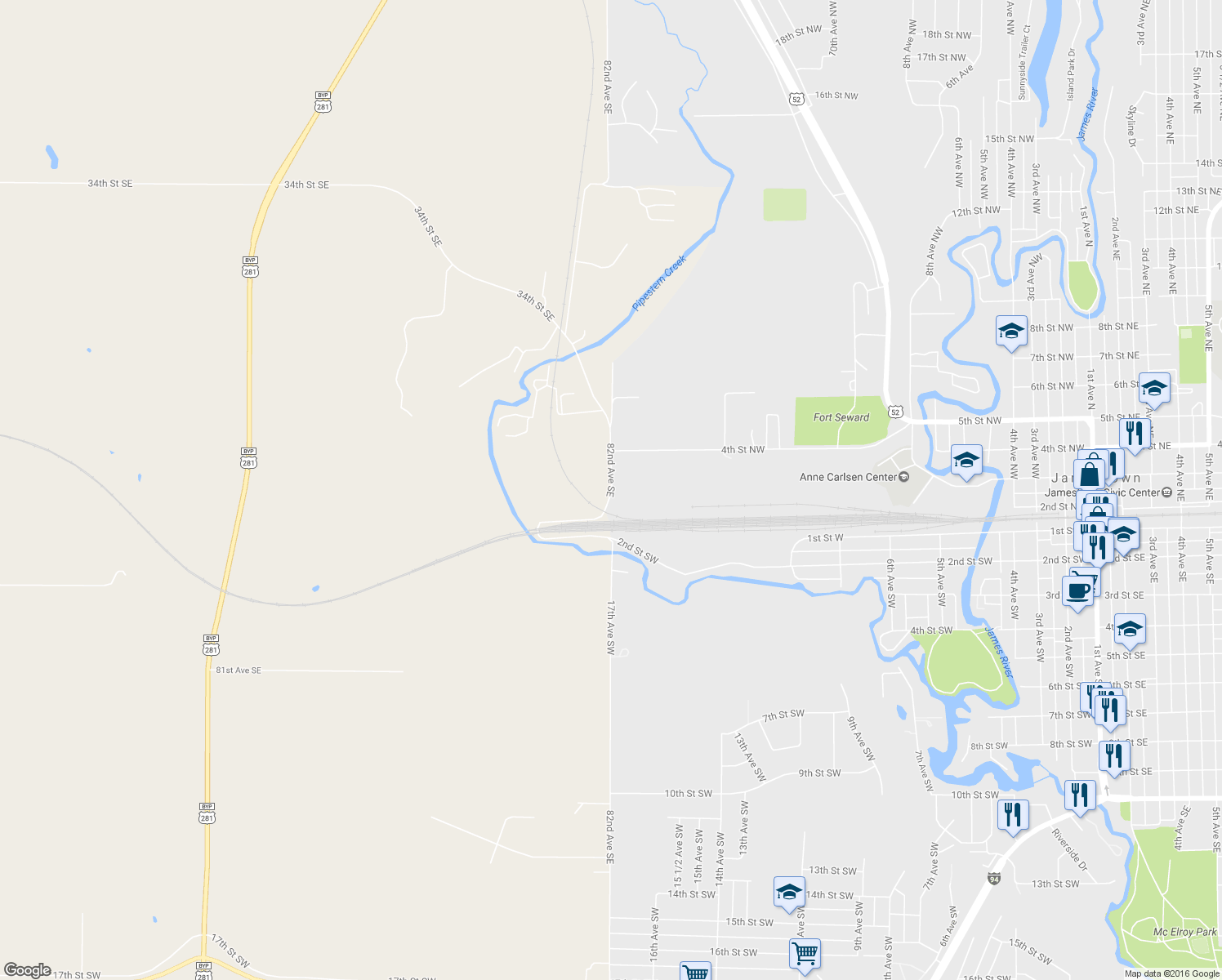 map of restaurants, bars, coffee shops, grocery stores, and more near 3498 82nd Avenue Southeast in Jamestown