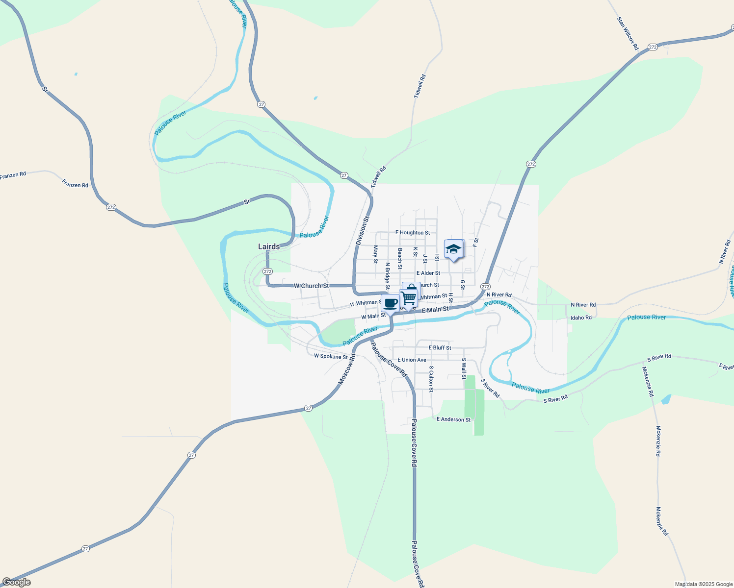 map of restaurants, bars, coffee shops, grocery stores, and more near Echanove Ave in Palouse