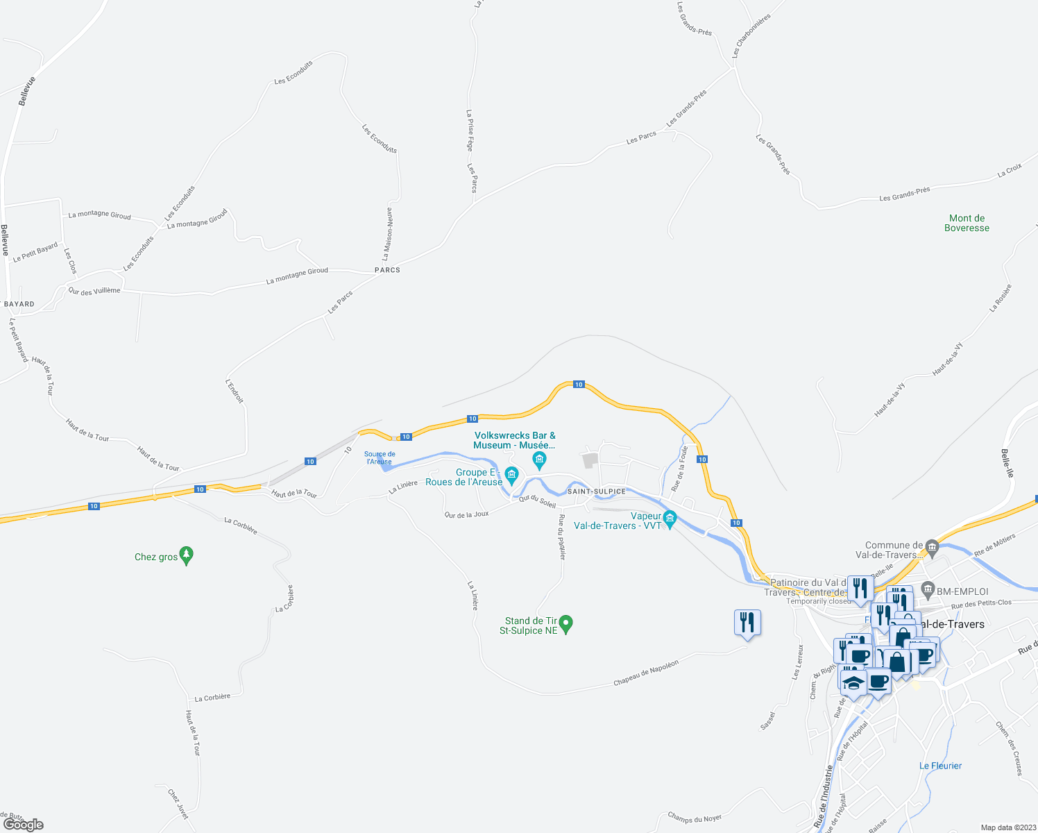 map of restaurants, bars, coffee shops, grocery stores, and more near 10 in Saint-Sulpice