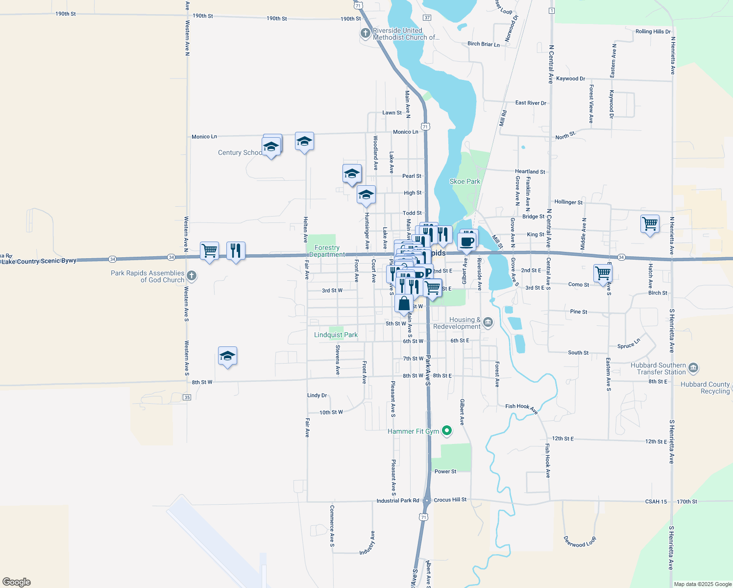 map of restaurants, bars, coffee shops, grocery stores, and more near 301 Court Avenue in Park Rapids