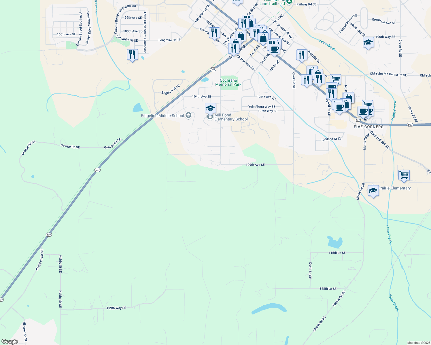 map of restaurants, bars, coffee shops, grocery stores, and more near 10901 Mill Road Southeast in Yelm