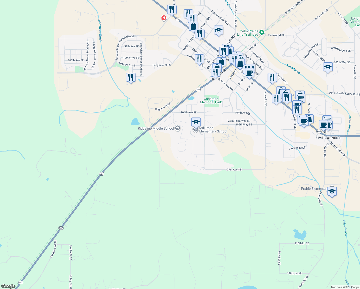 map of restaurants, bars, coffee shops, grocery stores, and more near 15330 107th Loop Southeast in Yelm