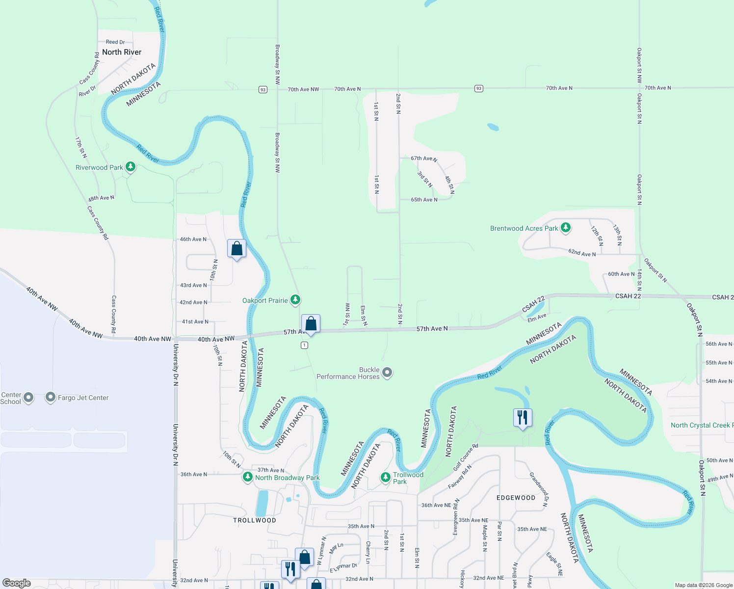 map of restaurants, bars, coffee shops, grocery stores, and more near 5900 Elm Street North in Moorhead