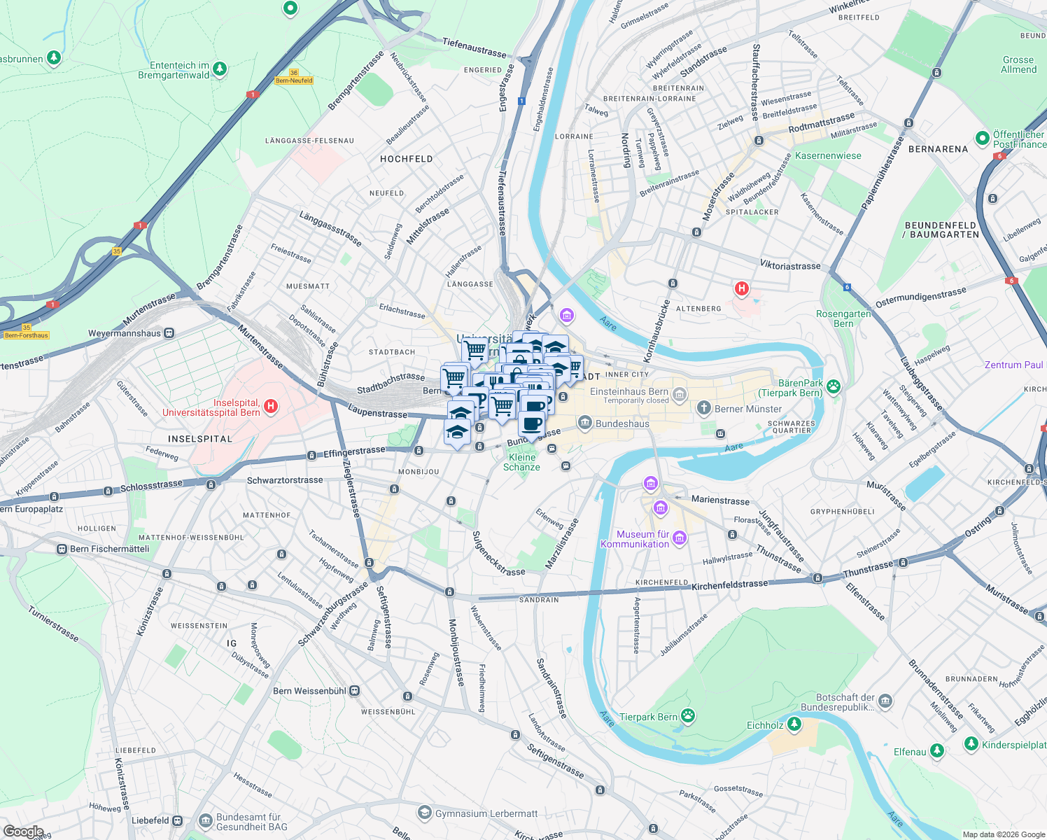 map of restaurants, bars, coffee shops, grocery stores, and more near 3 Bubenbergplatz in Bern