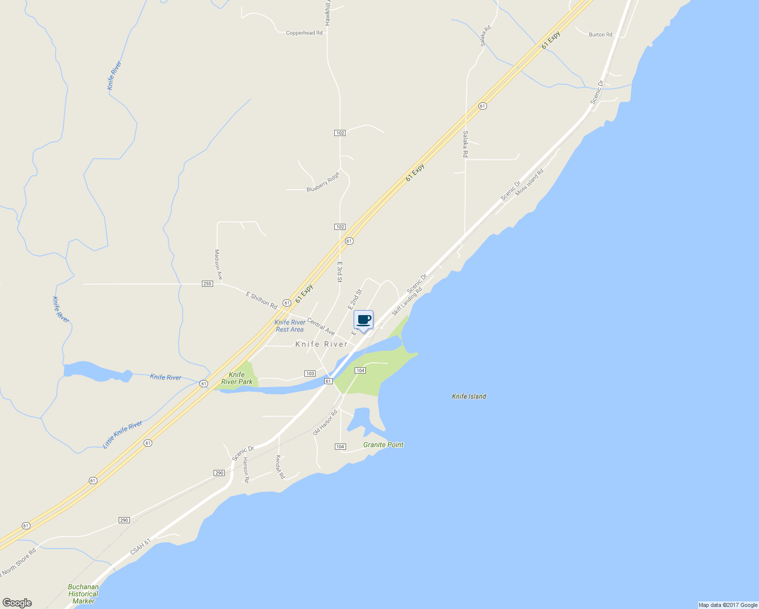 map of restaurants, bars, coffee shops, grocery stores, and more near 282 East 1st Street in Knife River