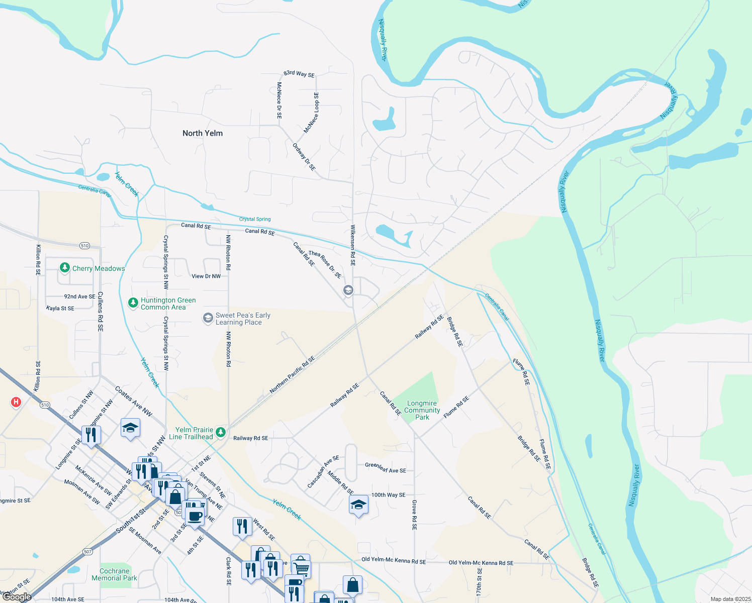 map of restaurants, bars, coffee shops, grocery stores, and more near 16634 Rainier View Dr SE in Yelm