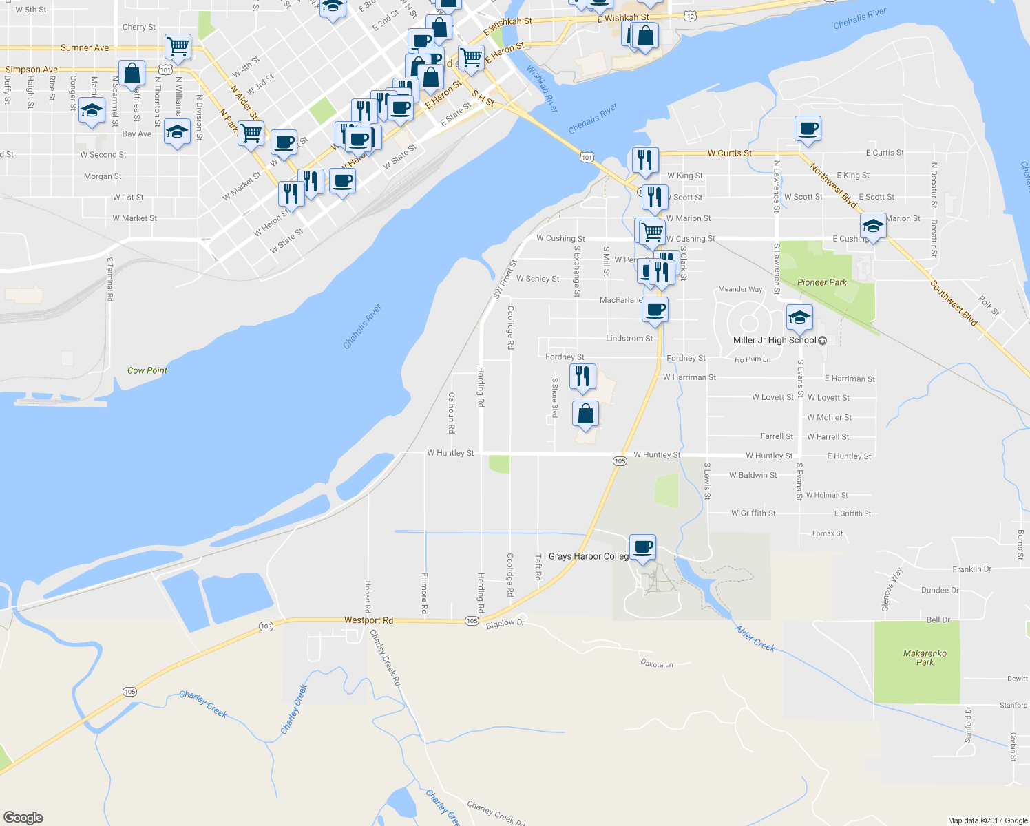 map of restaurants, bars, coffee shops, grocery stores, and more near 1020 Coolidge Road in Aberdeen