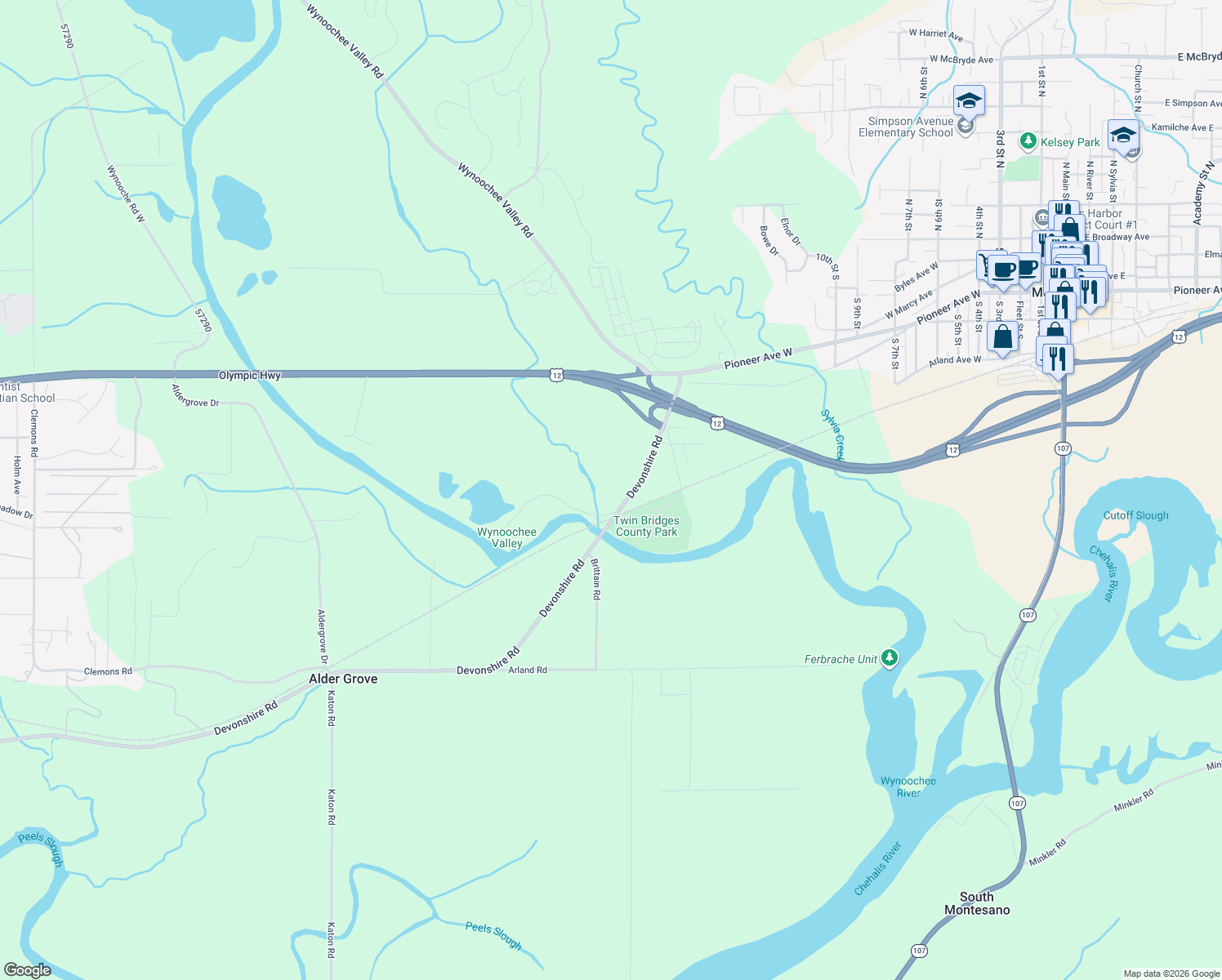 map of restaurants, bars, coffee shops, grocery stores, and more near 74 Devonshire Road in Montesano
