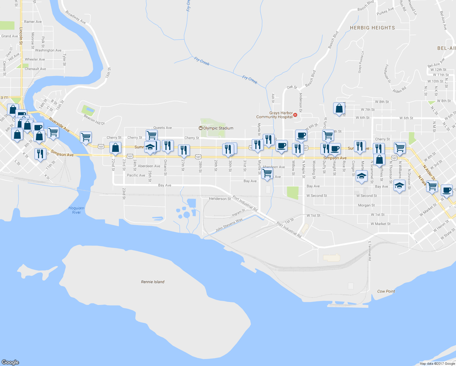 map of restaurants, bars, coffee shops, grocery stores, and more near 610 30th Street in Hoquiam