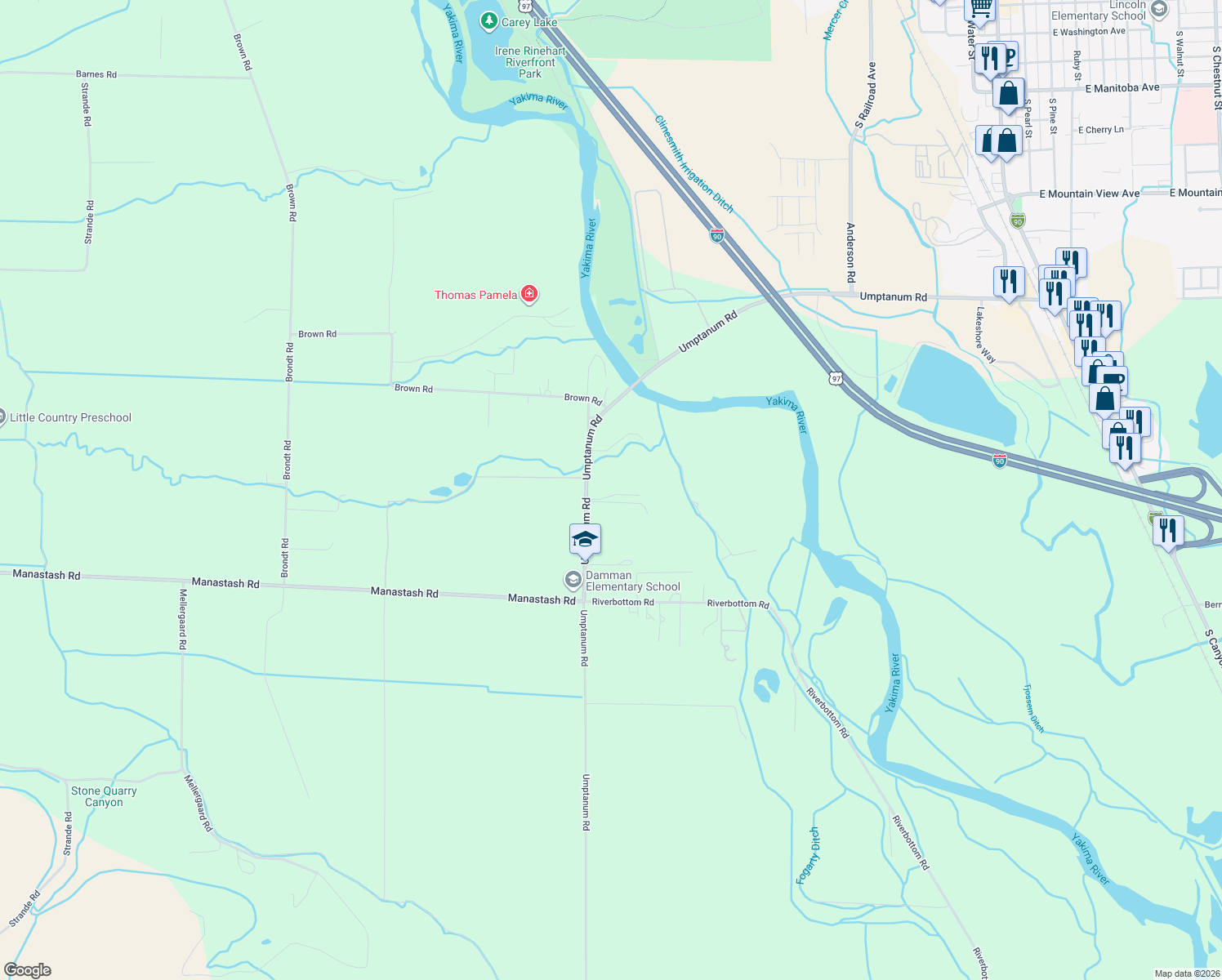 map of restaurants, bars, coffee shops, grocery stores, and more near 2310 Umptanum Rd in Ellensburg