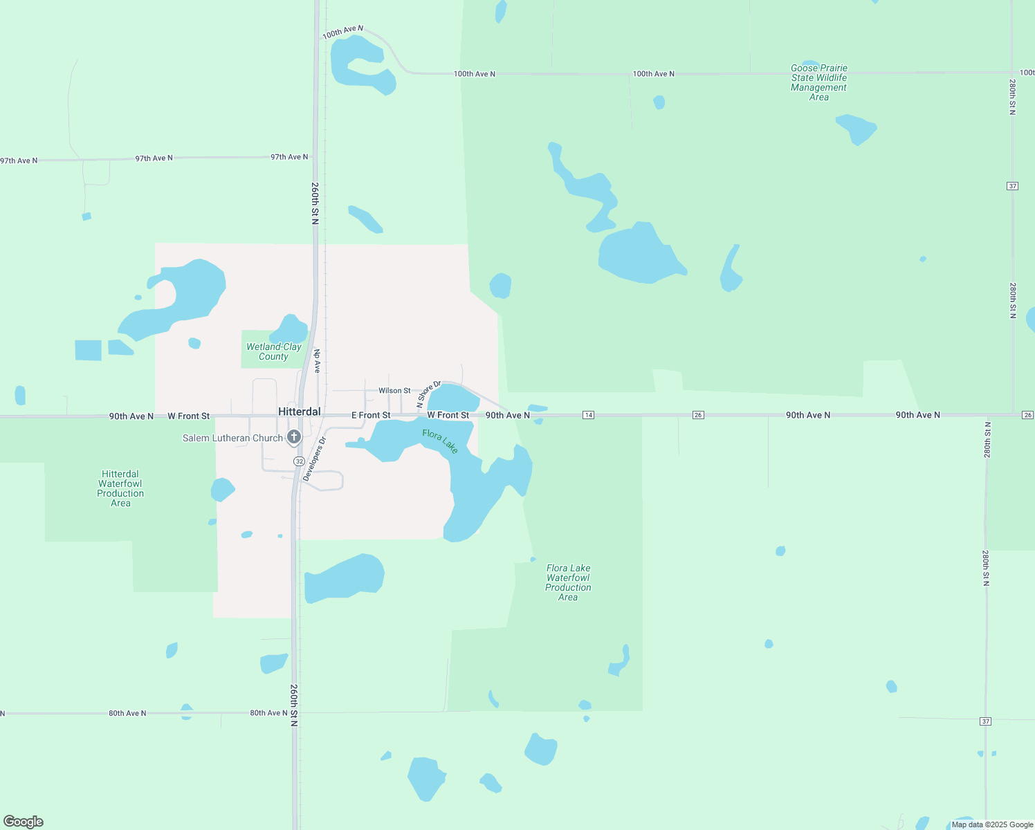 map of restaurants, bars, coffee shops, grocery stores, and more near 26537 90th Avenue North in Hitterdal
