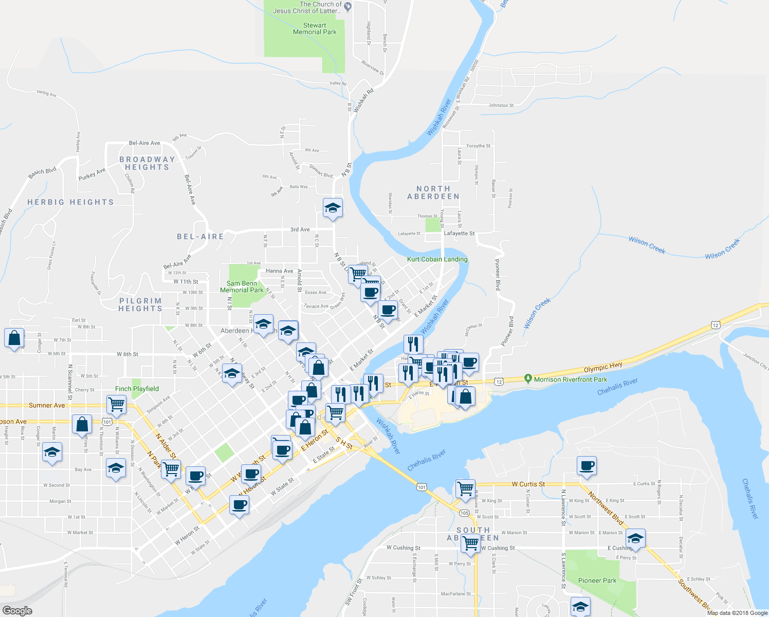 map of restaurants, bars, coffee shops, grocery stores, and more near 922 East 1st Street in Aberdeen