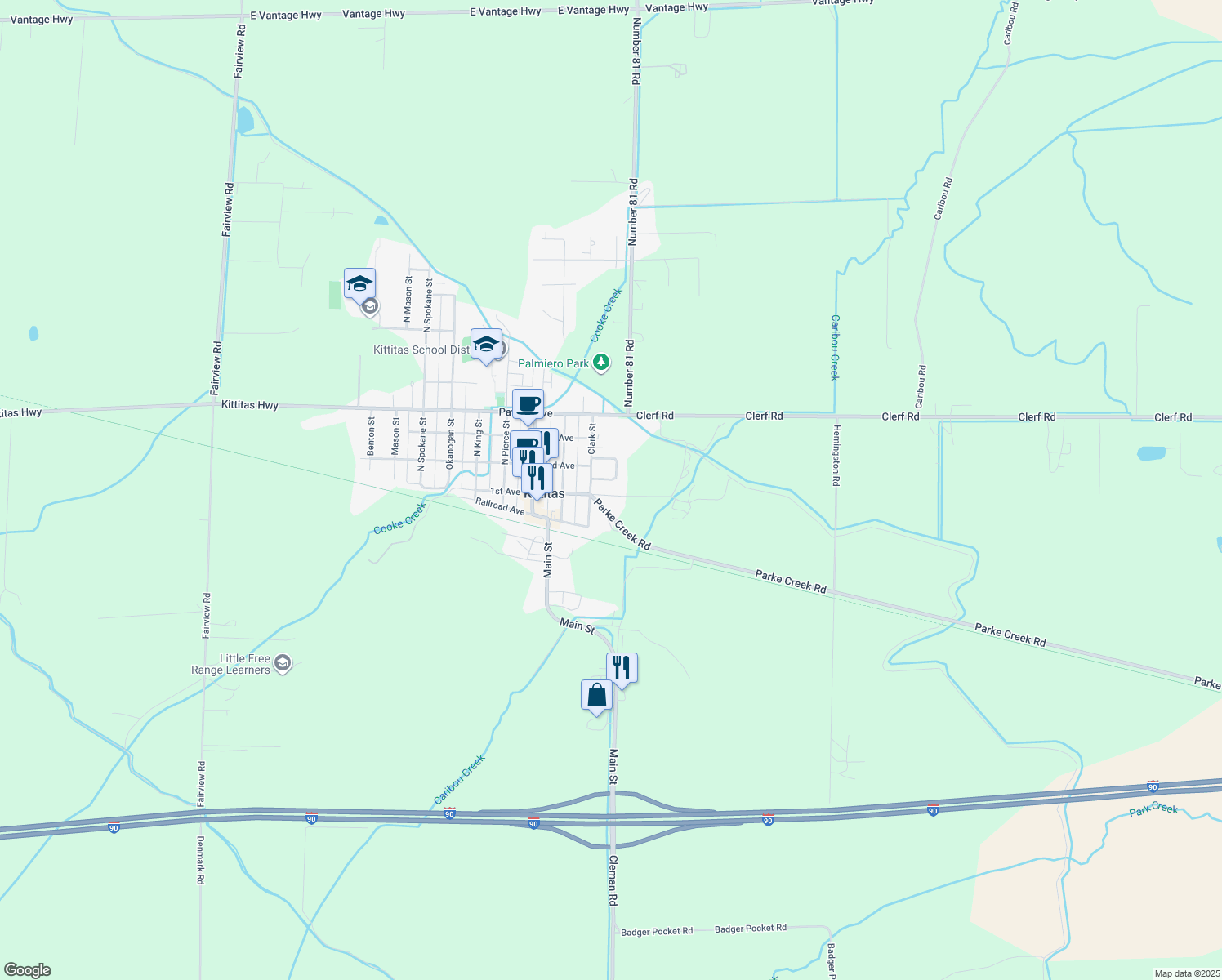 map of restaurants, bars, coffee shops, grocery stores, and more near 307 1st Avenue in Ellensburg