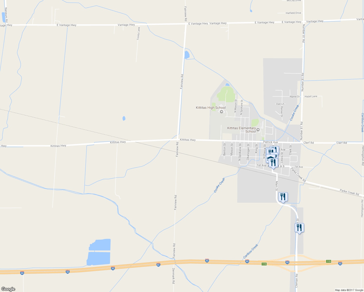 map of restaurants, bars, coffee shops, grocery stores, and more near 1540 Fairview Road in Ellensburg