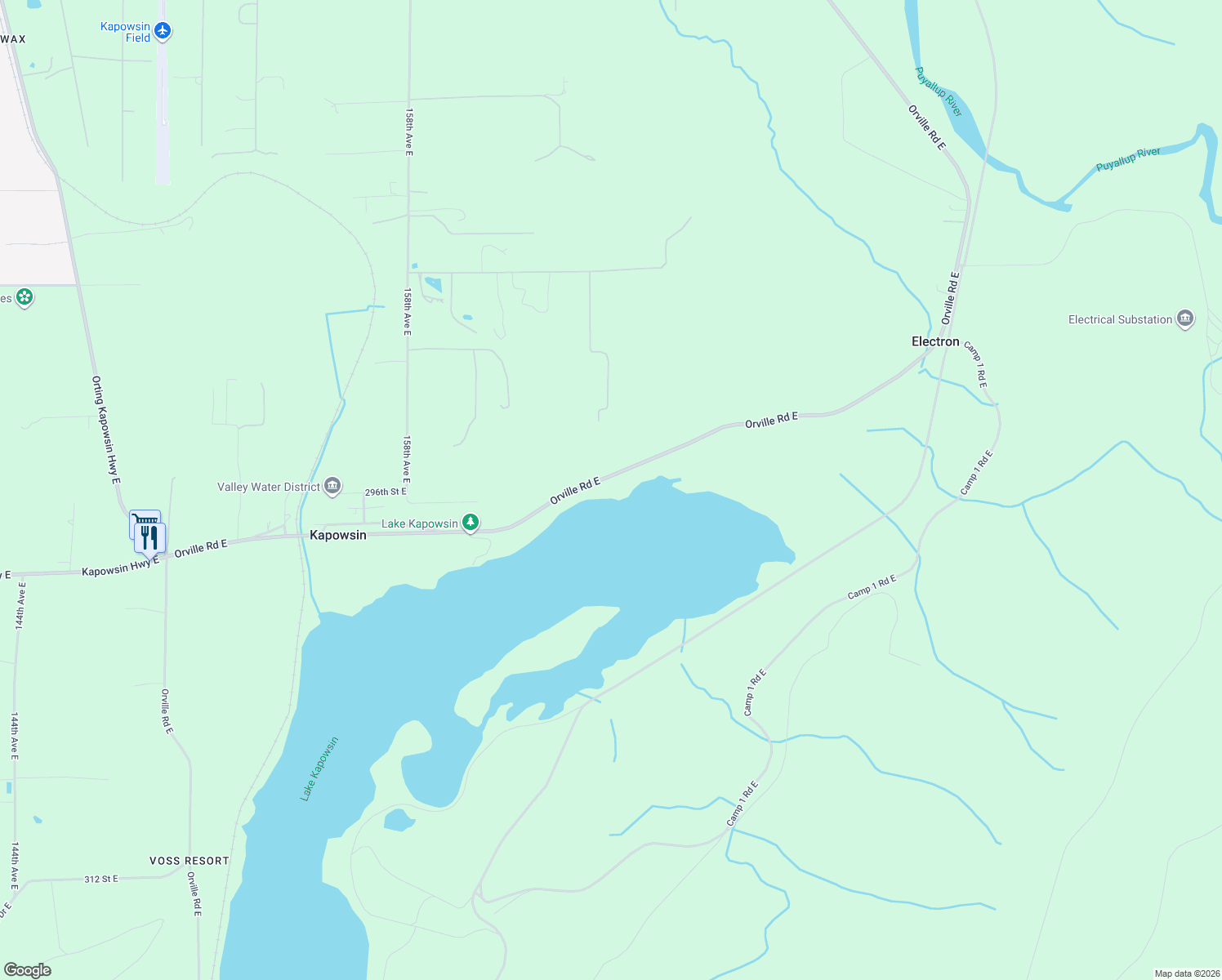 map of restaurants, bars, coffee shops, grocery stores, and more near 29517 Orville Road East in Orting