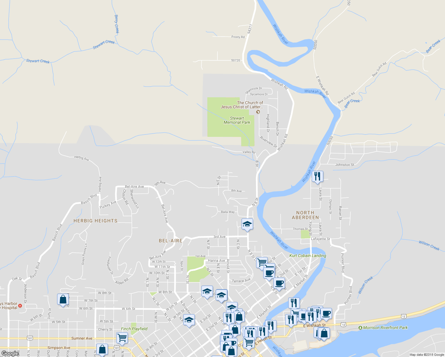 map of restaurants, bars, coffee shops, grocery stores, and more near 608 10th Avenue in Aberdeen