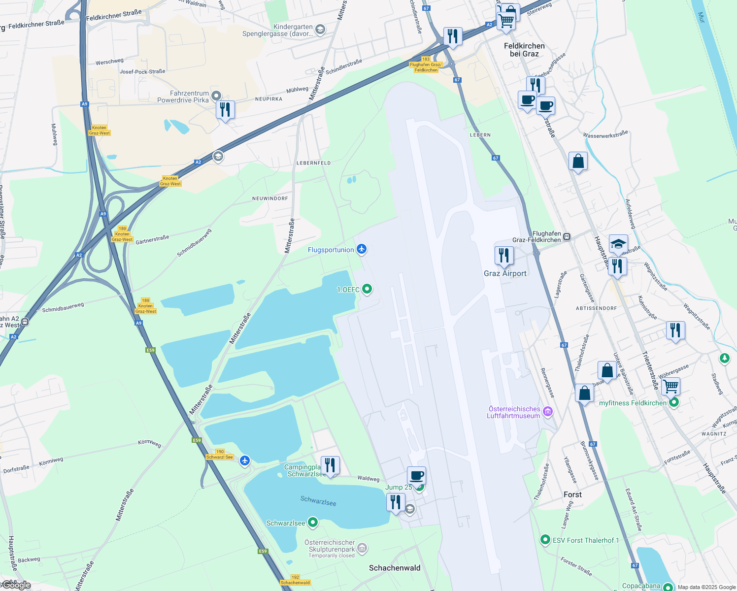 map of restaurants, bars, coffee shops, grocery stores, and more near 53 Schachenwaldstraße in Feldkirchen bei Graz