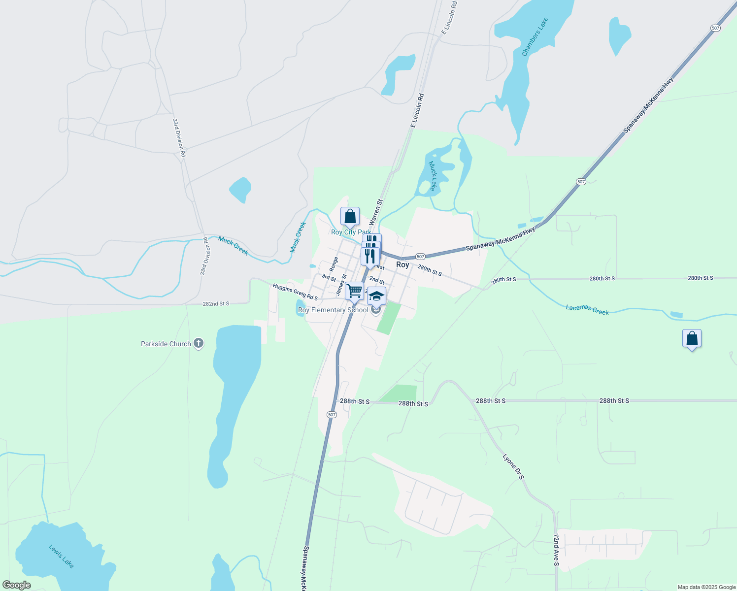 map of restaurants, bars, coffee shops, grocery stores, and more near 303 Peterson Street in Roy